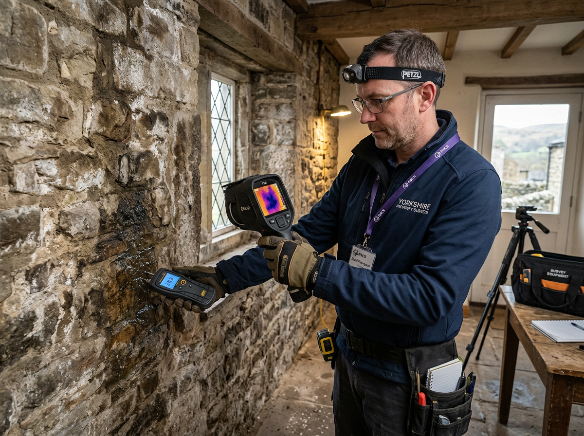 Surveyor detecting damp with a moisture meter inside a York Victorian property