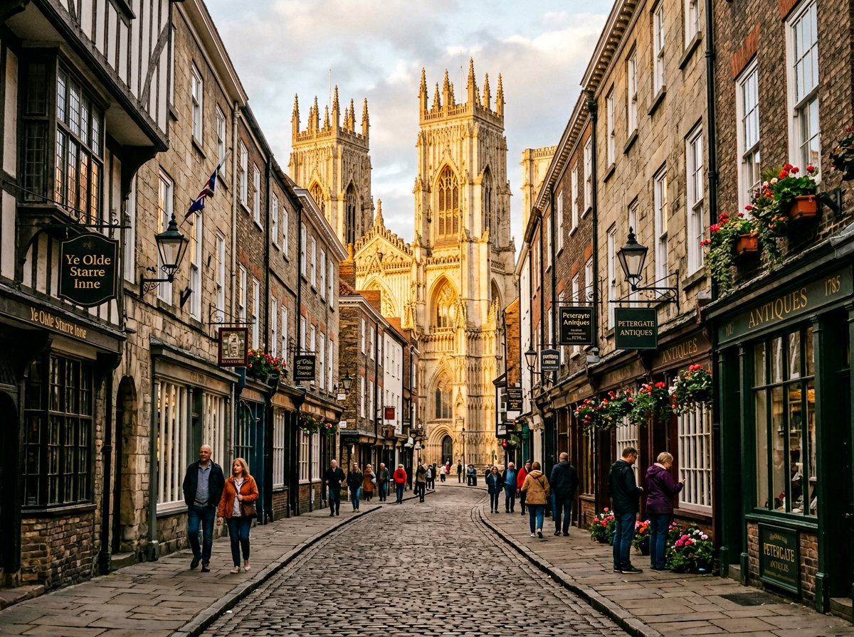 Historic Georgian and Victorian stone terraced houses on a cobbled York street with York Minster in the background