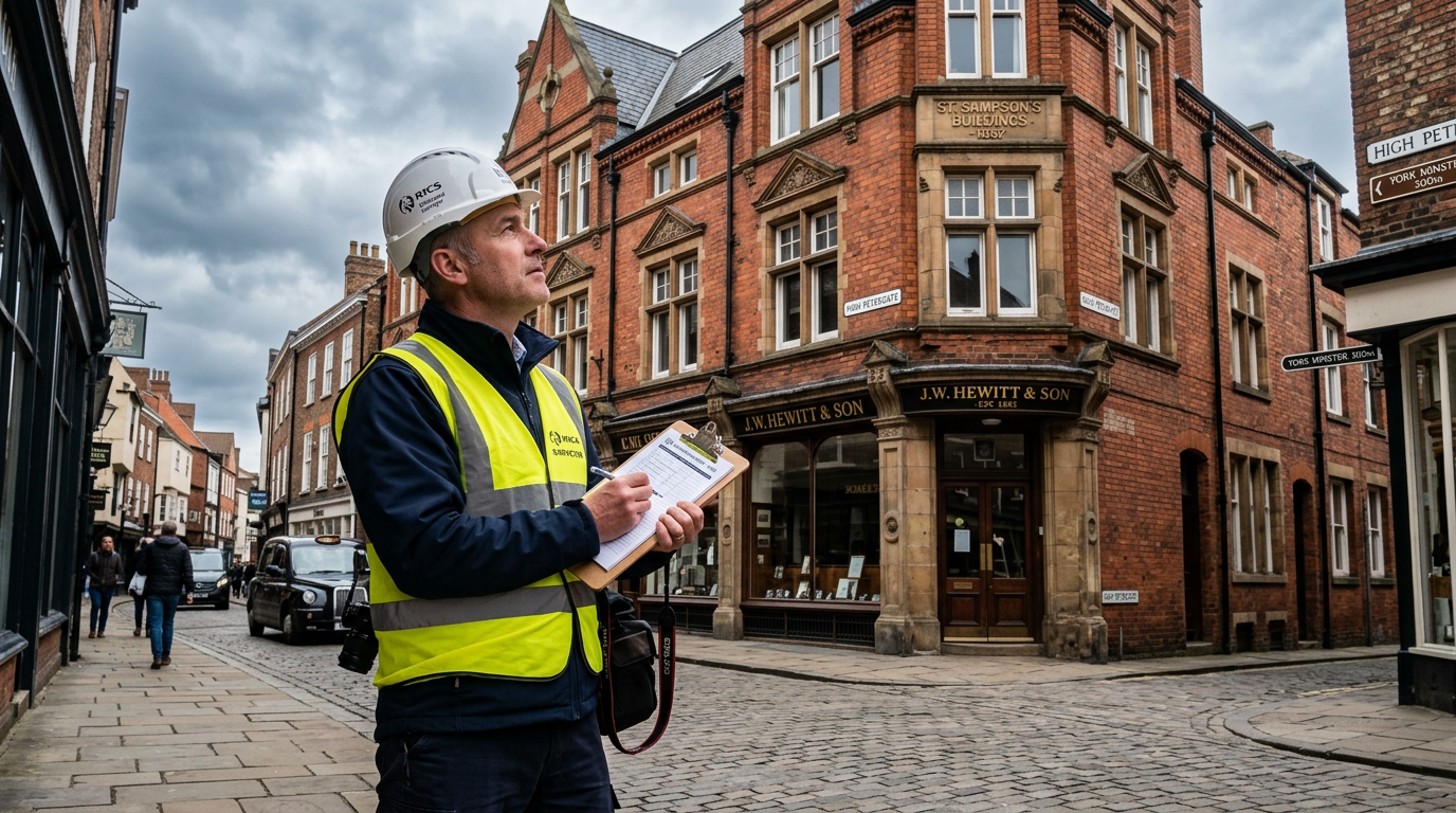 RICS surveyor inspecting listed York stone property exterior
