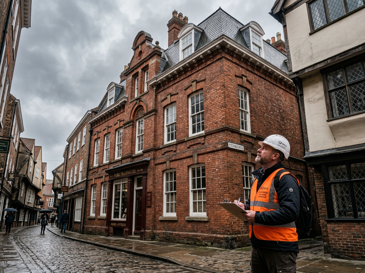 Building surveyor inspecting commercial property roof in North Yorkshire