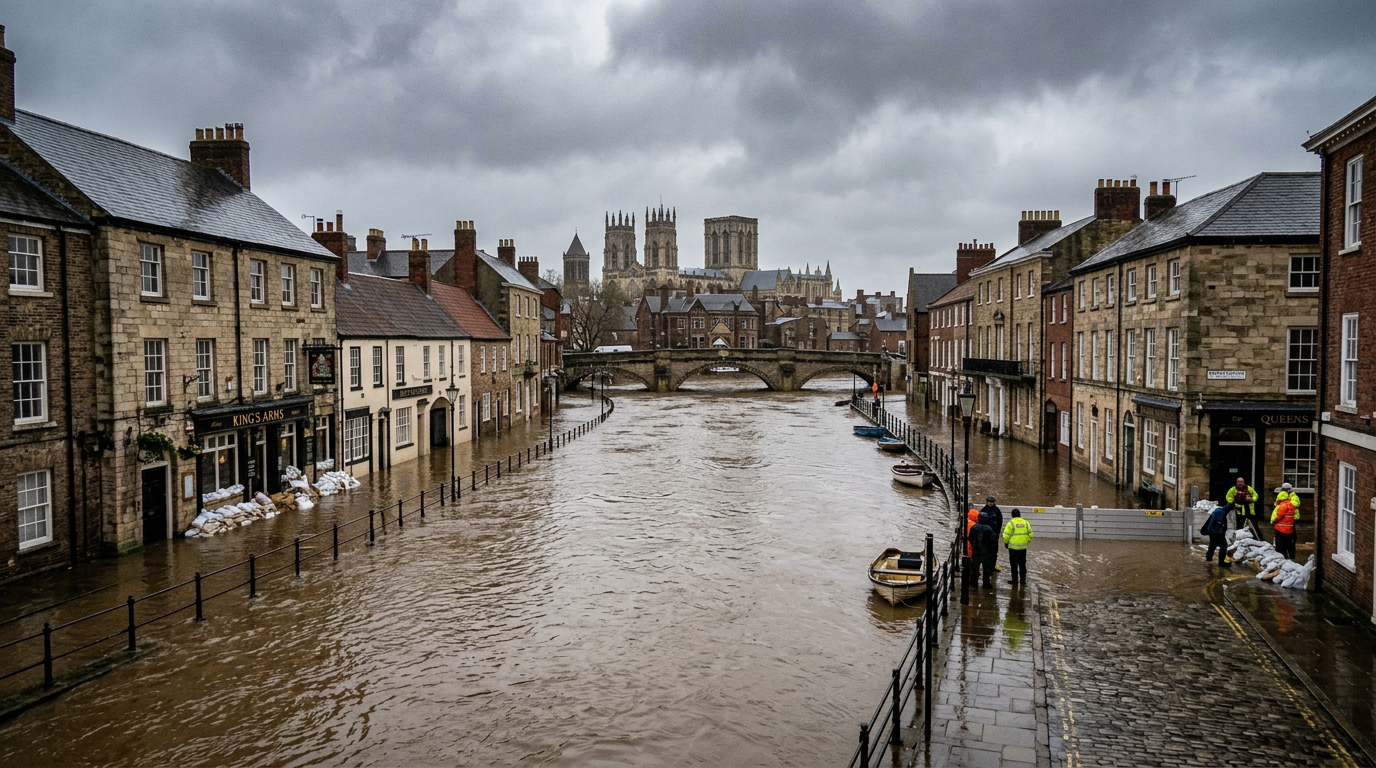 York city flooding with River Ouse rising around historic stone buildings