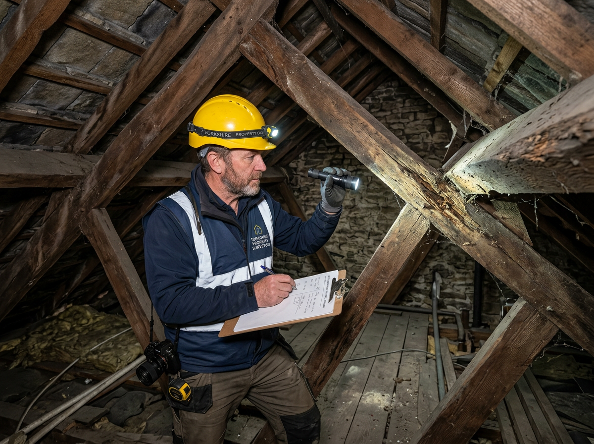 York Surveyors professional inspecting roof timbers inside a Yorkshire property during a Level 3 Full Building Survey