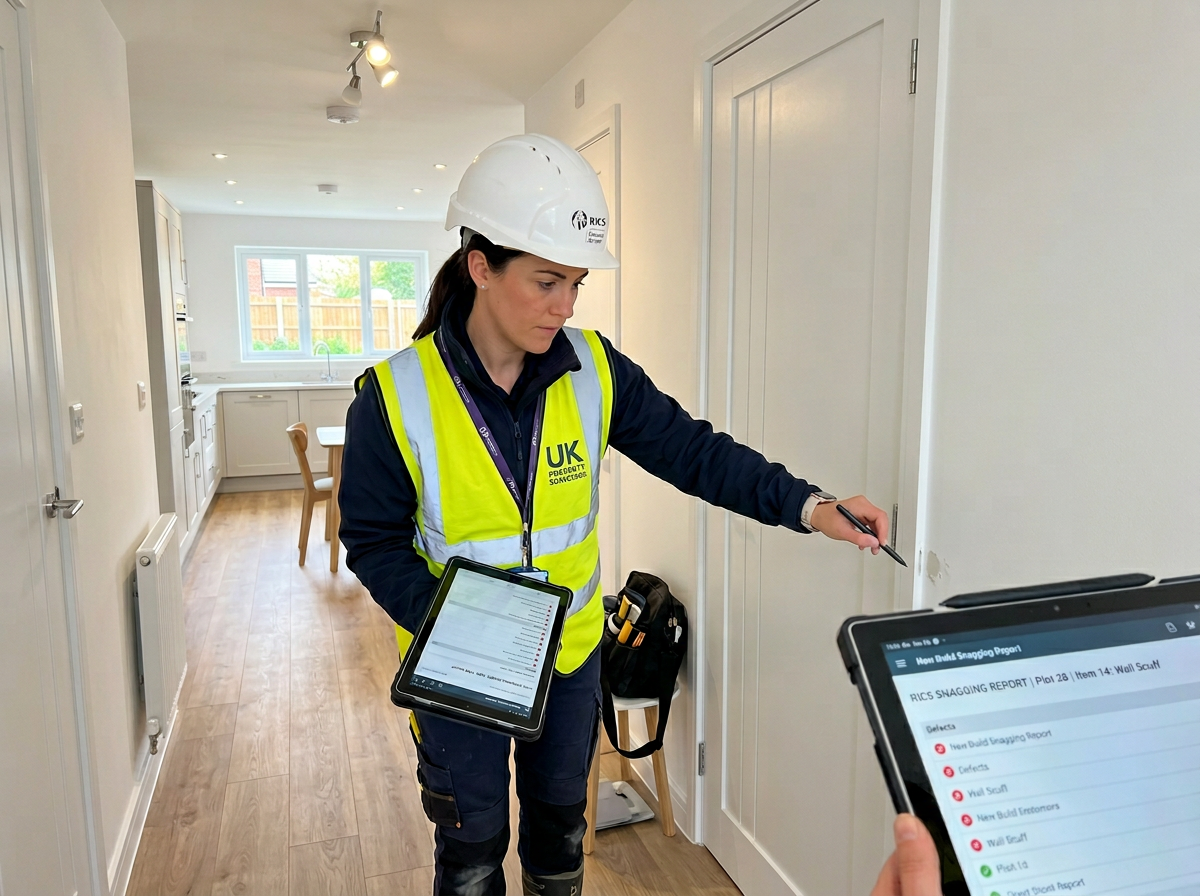 York Surveyors surveyor in hard hat and hi-vis vest carrying out a new-build snagging inspection inside a modern Yorkshire home