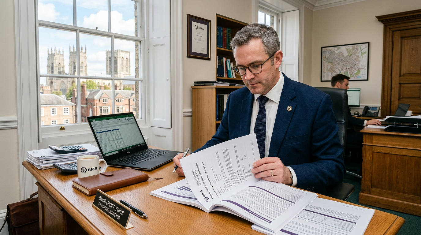Senior surveyor reviewing property valuation report in York