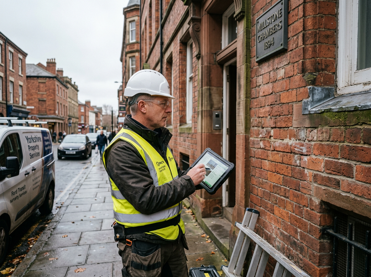 York Surveyors professional surveyor in hard hat and hi-vis vest inspecting a commercial property in North Yorkshire with a digital tablet