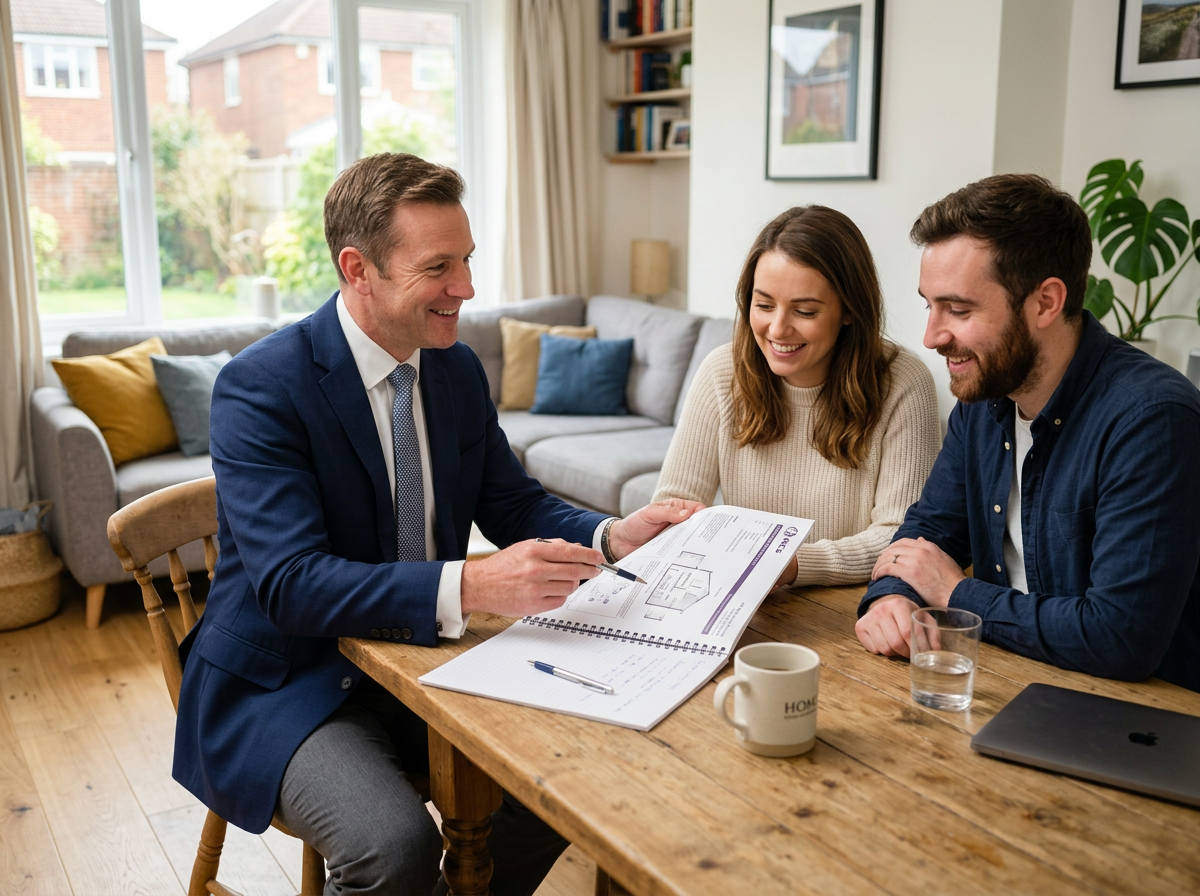 York Surveyors professional reviewing a HomeBuyer Report with a couple in a Yorkshire living room