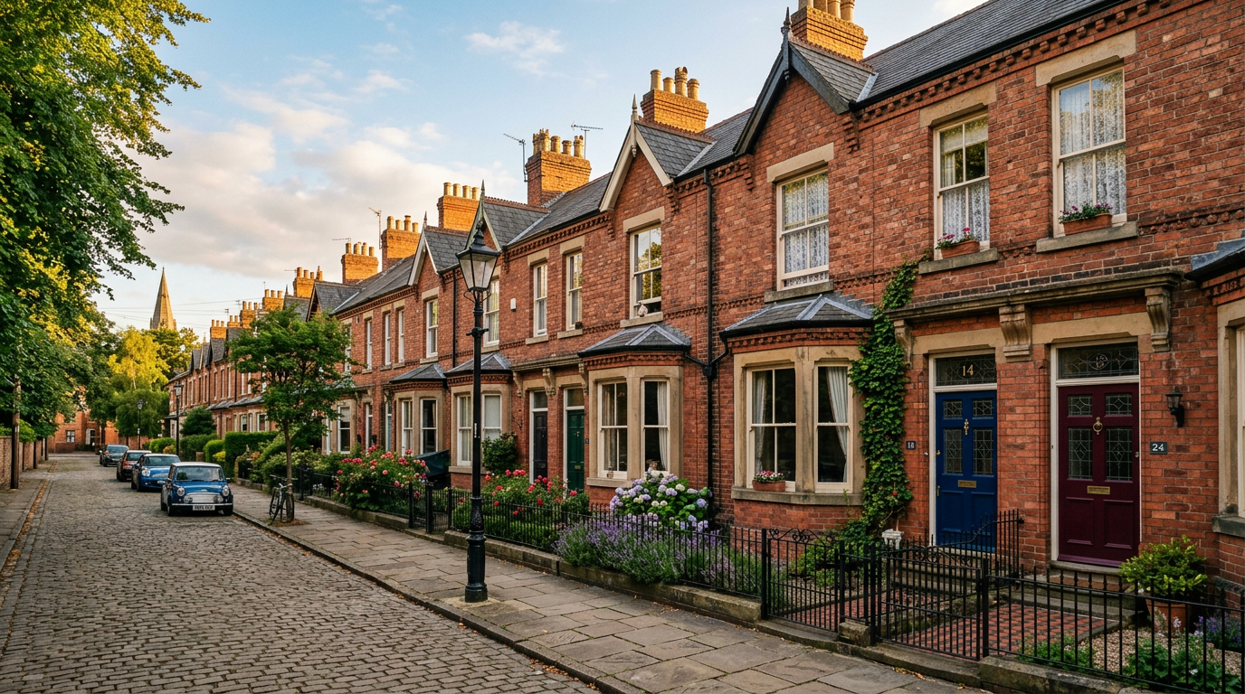 Classic Victorian red-brick terraced houses on a residential street in York